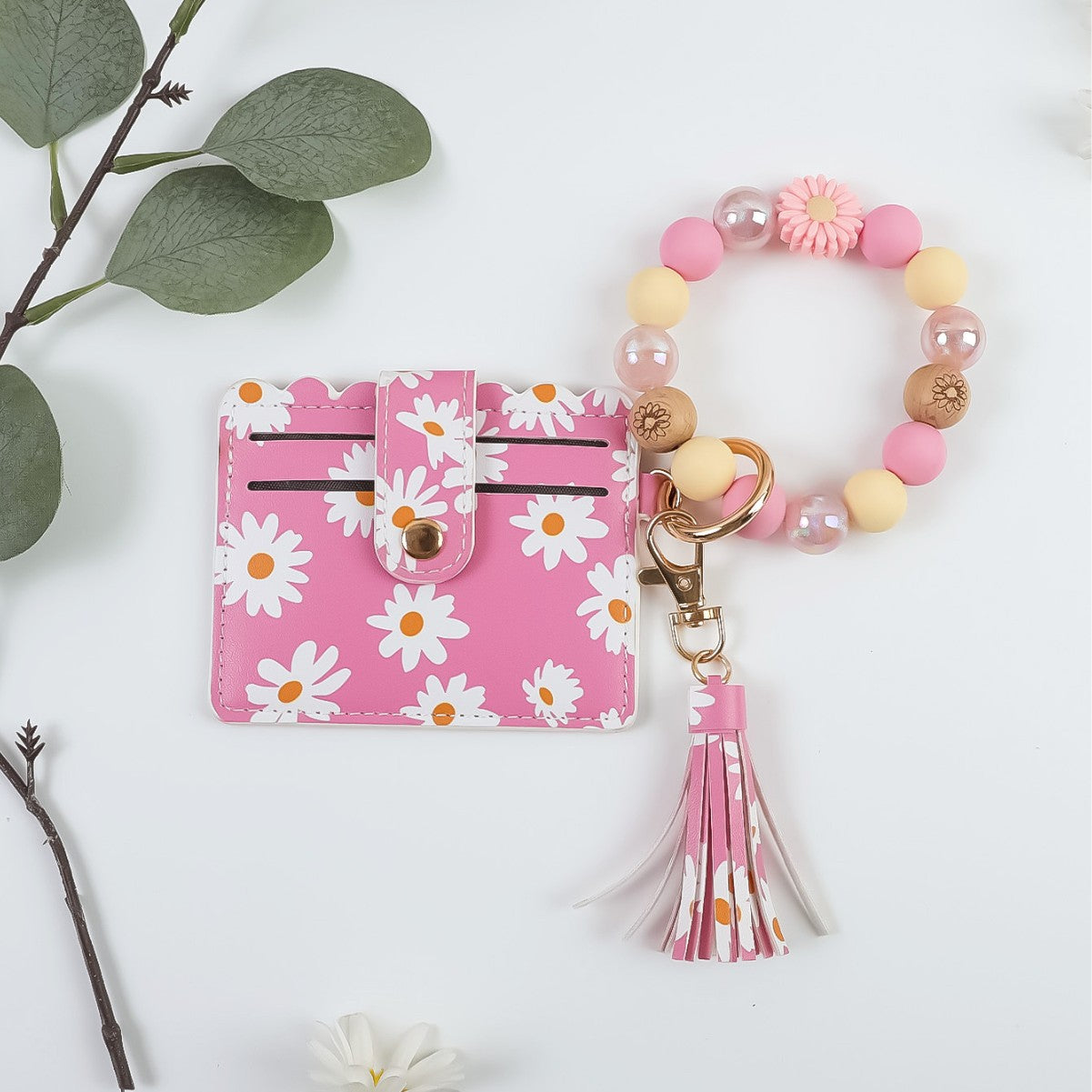Wholesale Cute  Print Beaded Bracelet Keychain PU Leather Tassel Card Holder Pendant