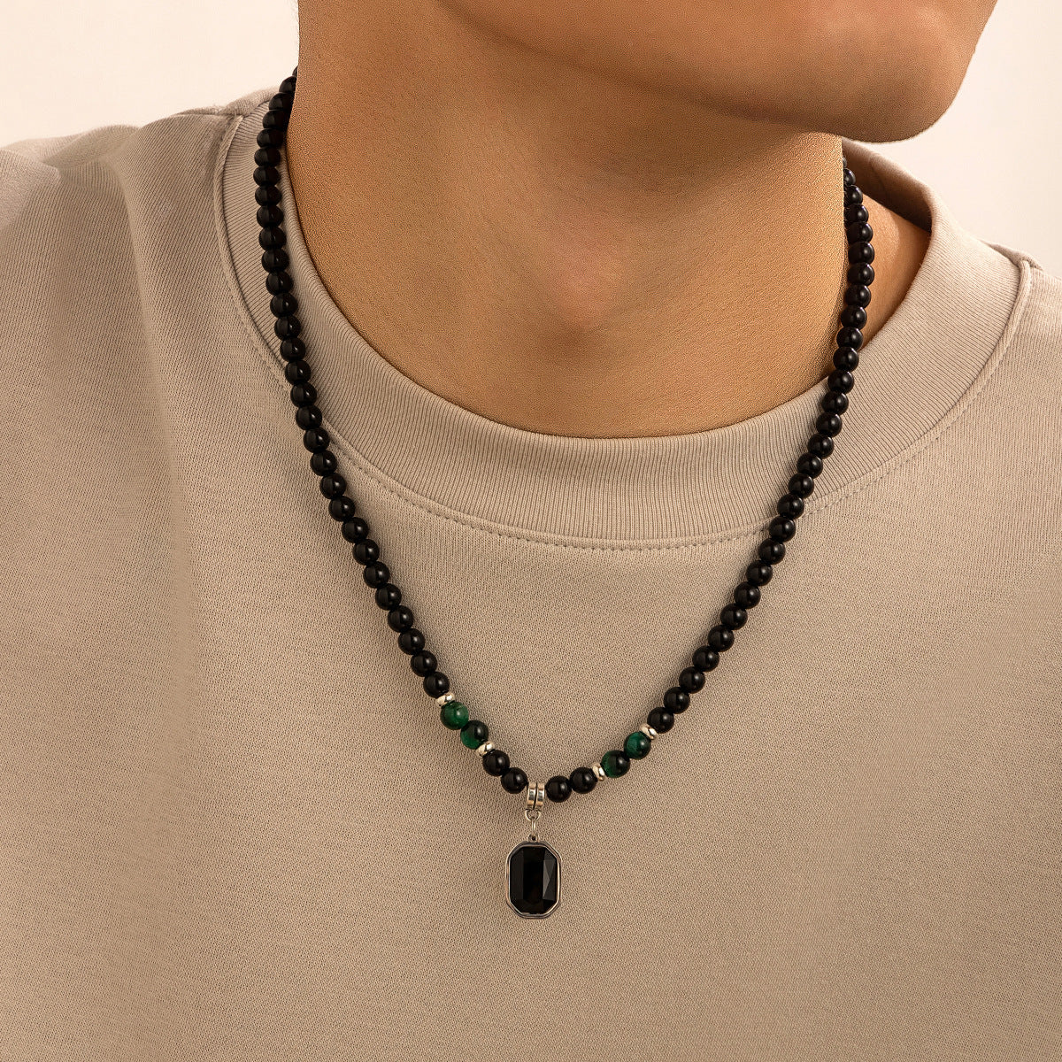 Wholesale Men's Stainless Steel Tiger Stone Round Bead Necklace