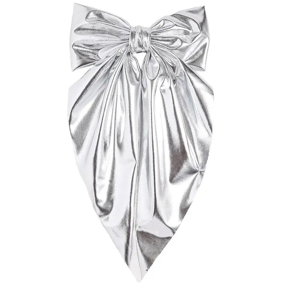Wholesale Shiny leather bow hairpin long ribbon spring clip