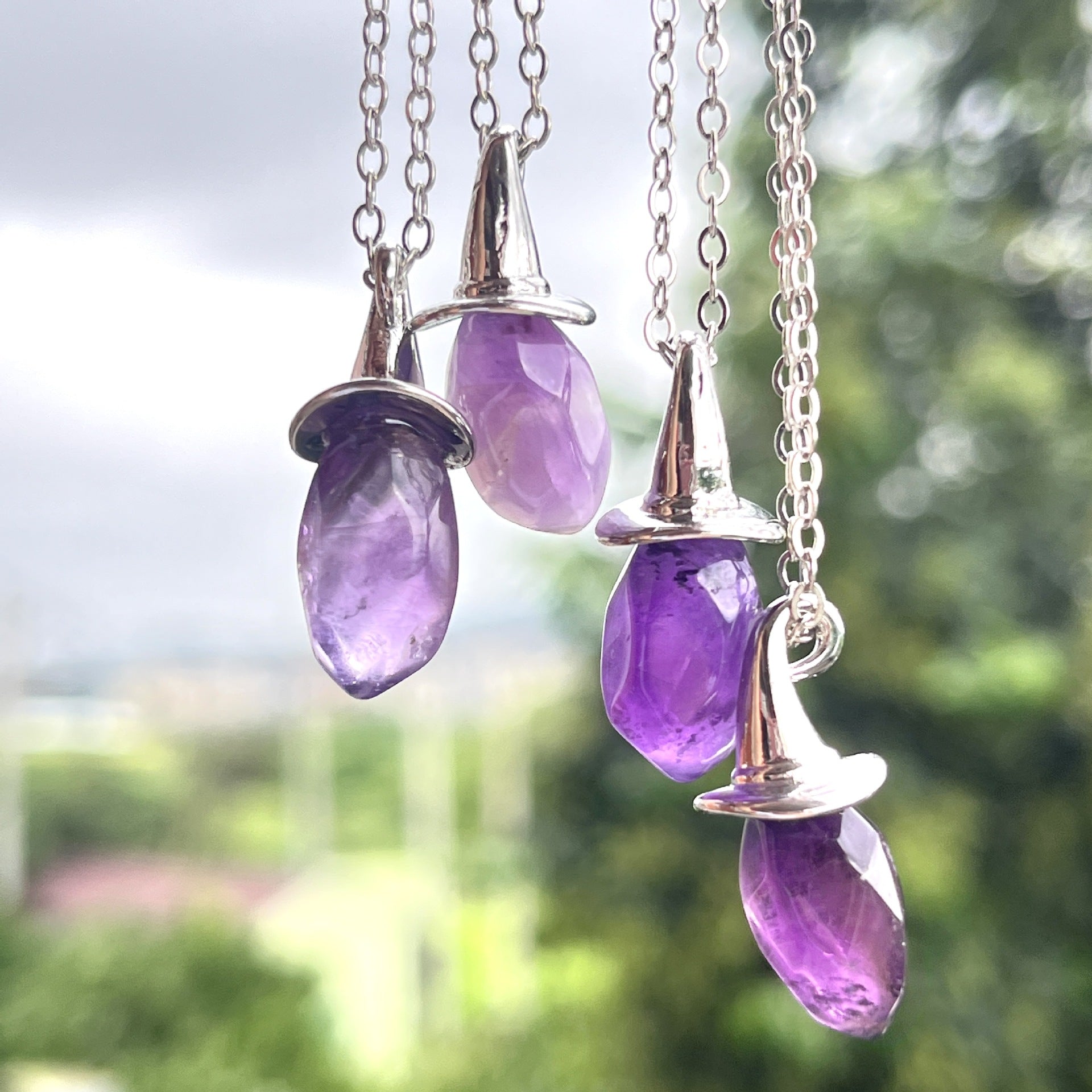 Wholesale Natural amethyst hexagonal pillar witch hat  necklace