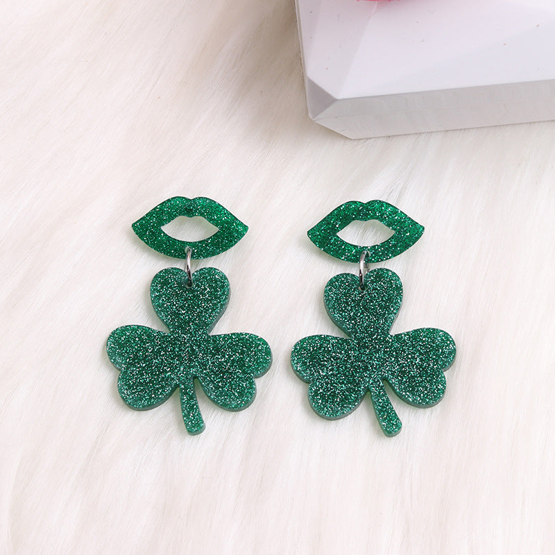 Wholesale Acrylic Saint Patrick Lip Clover Patchwork Earrings
