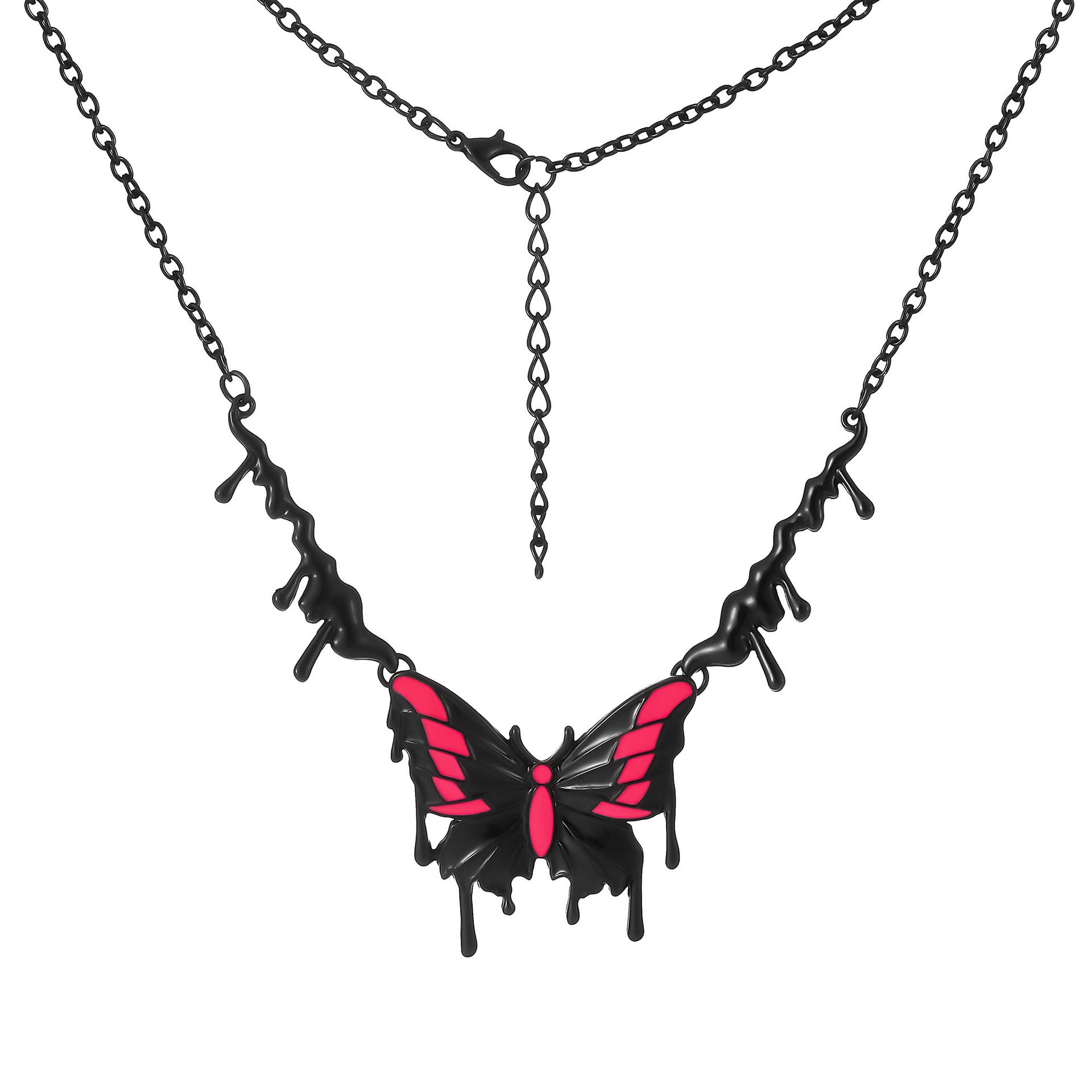 Personalized exaggerated oil-drop black and pink butterfly necklace