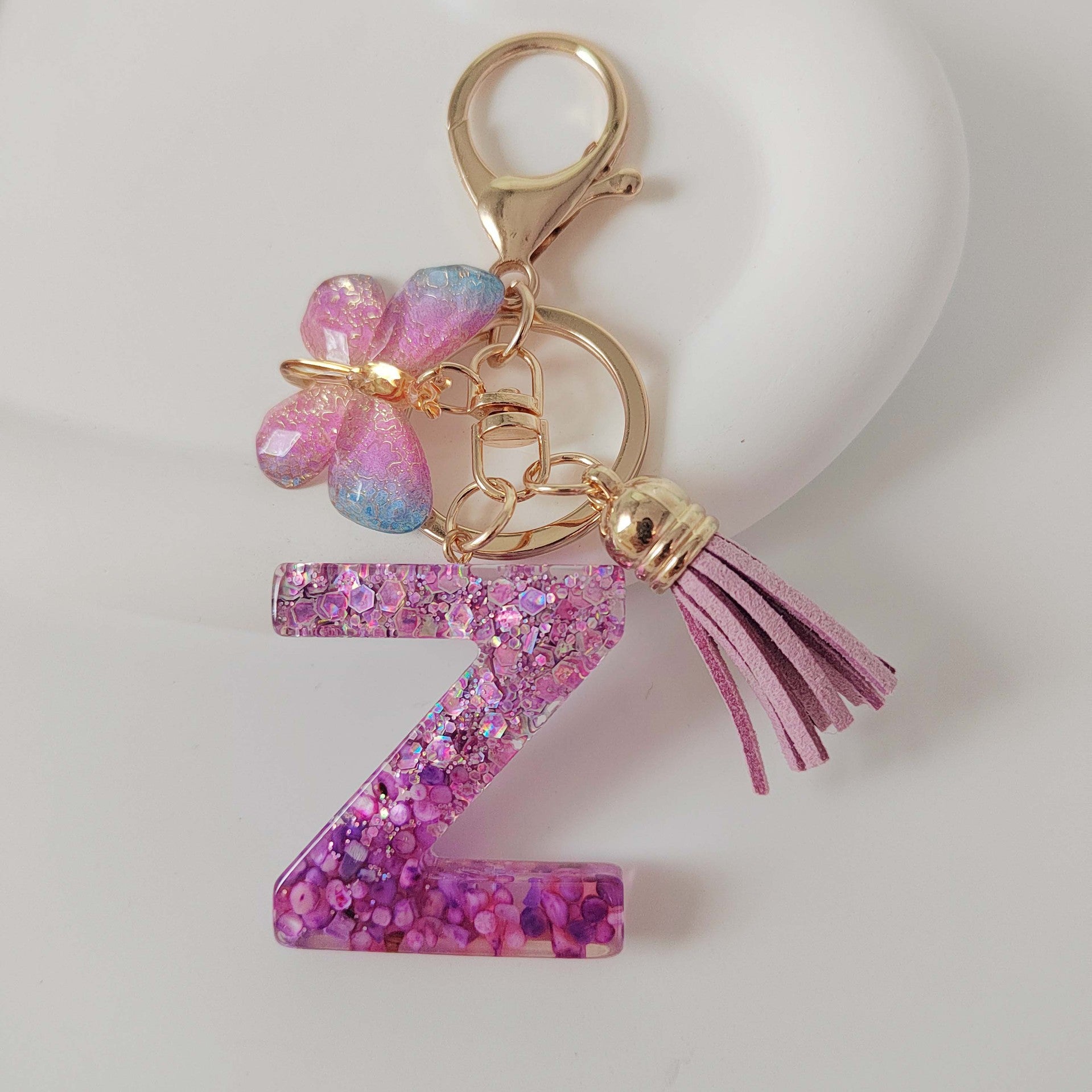 Wholesale Purple Illusion Color Double Glue Letter Glitter Tassel Keychain
