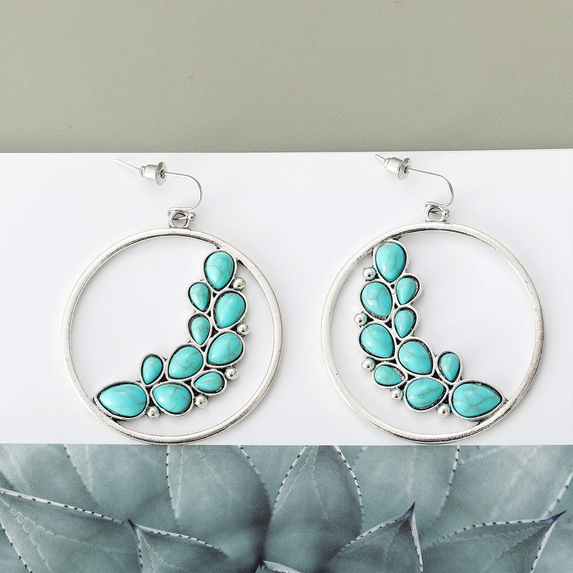 Wholesale Retro exaggerated big circle leaf turquoise earrings