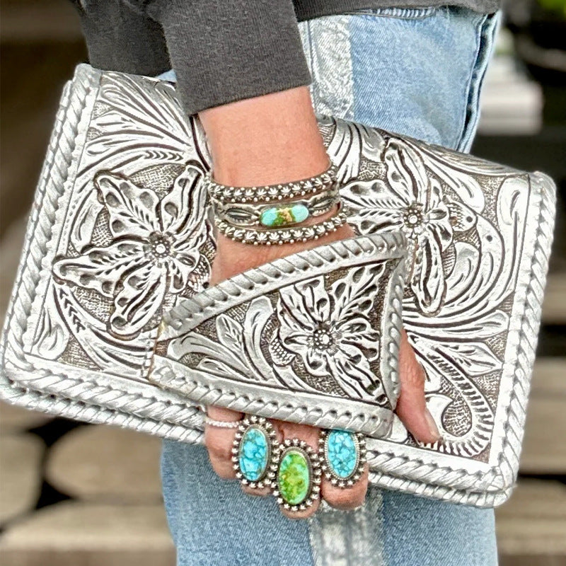 Wholesale PU Silver Embossed Trendy Western Retro Clutch Handbag With Braided Pattern Boutique Evening Party Bag For Women