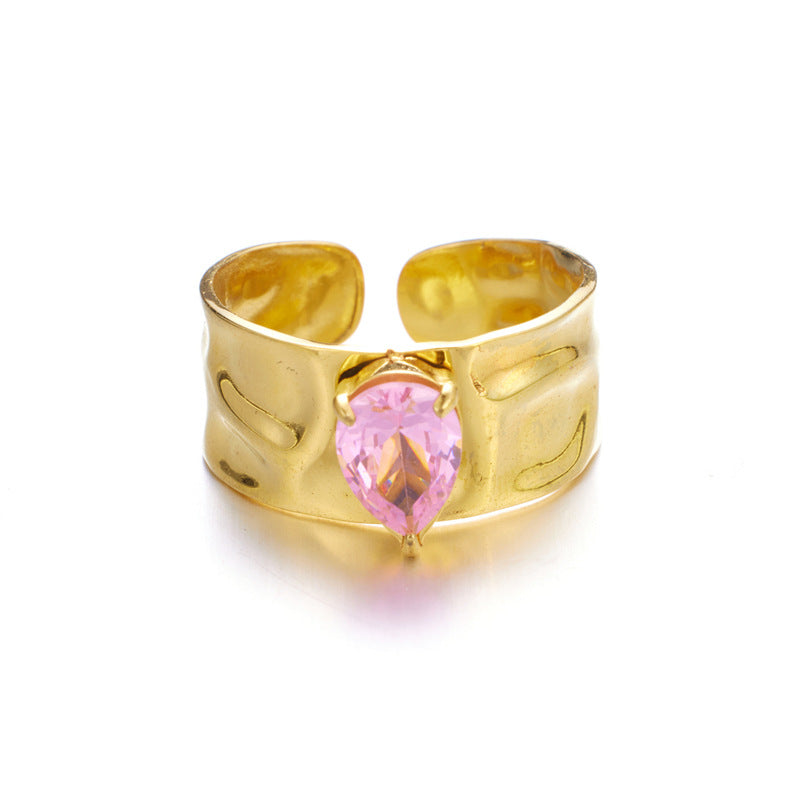 Wholesale Stainless Steel Gold Pink Zircon Hammer Pattern Wide Face Ring