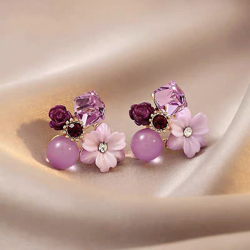 Wholesale Diamond studded cat eye stone crystal flower earrings
