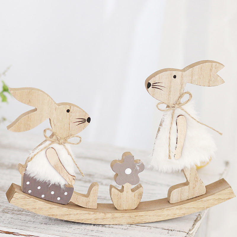 Wholesale New Easter home decoration painted seesaw Rabbit wooden desktop ornaments