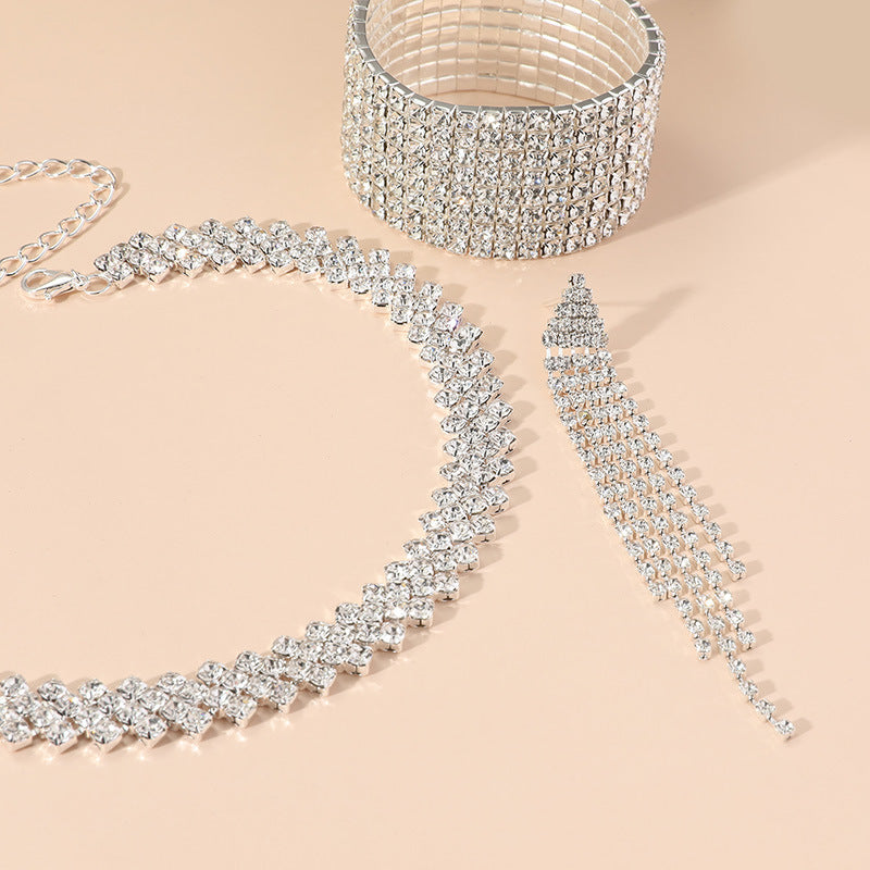 Wholesale Irregular Full Diamond Claw Chain Bracelet Earring Bacelet Rhinestone Three-Piece Set