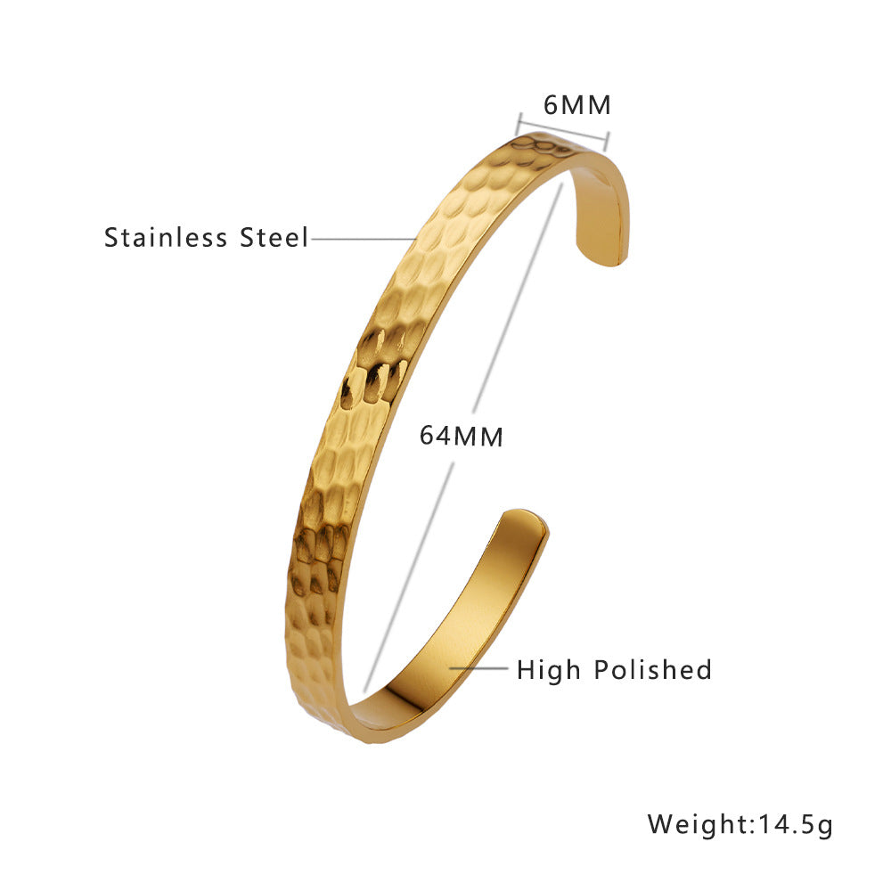 Wholesale C-shaped Non-fading Heavy Hammered Gold Irregular Titanium Steel Bracelet
