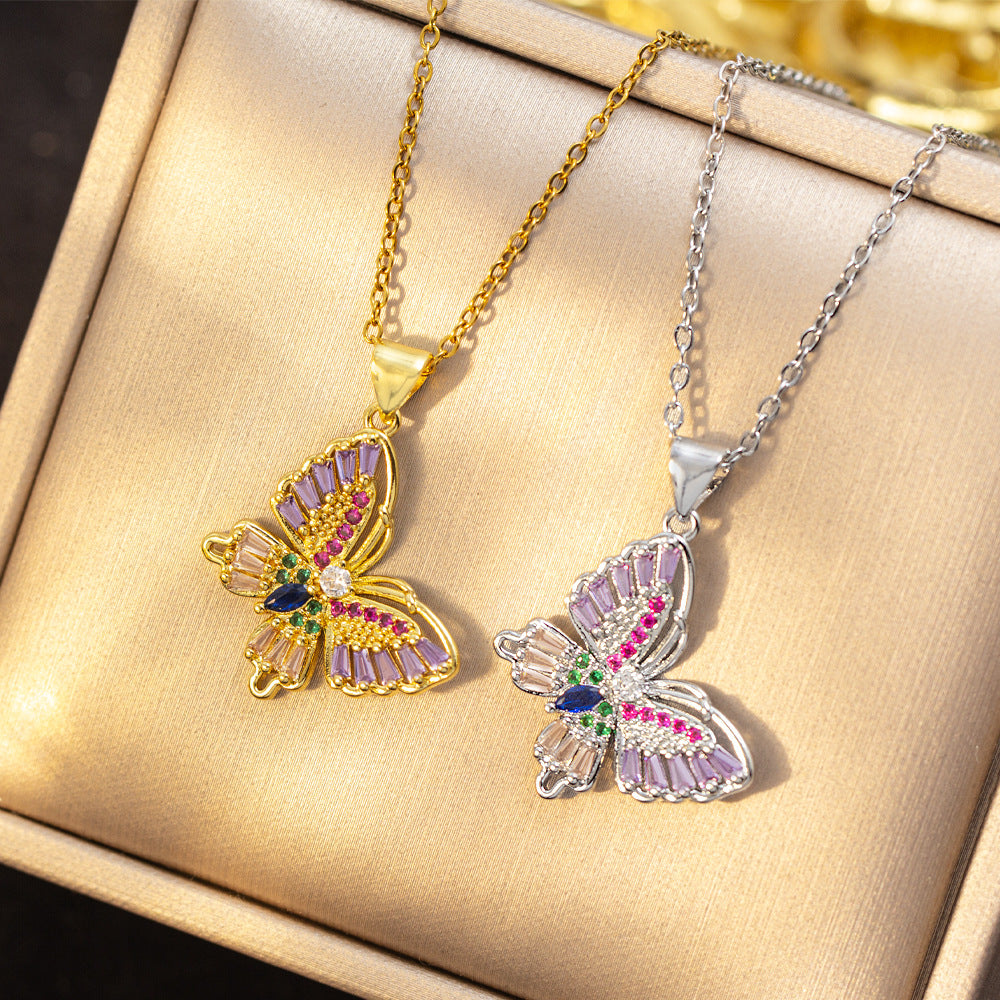 Wholesale Butterfly inlaid zirconia titanium steel necklace