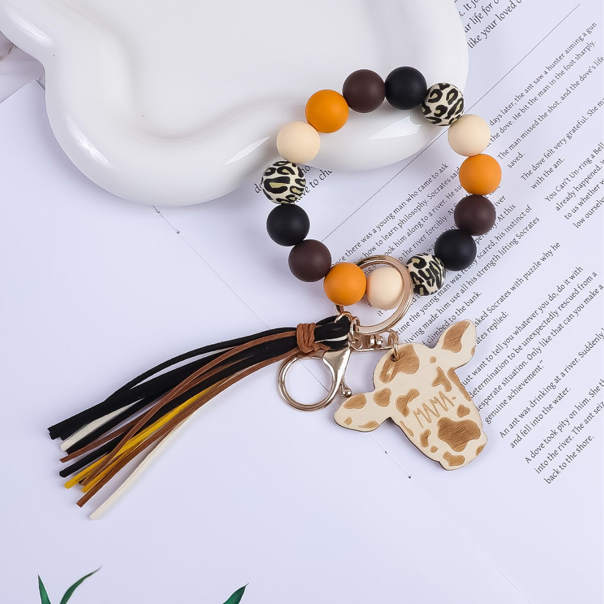 Wholesale Western Style Silicone Beaded Tassel Wooden Keychain
