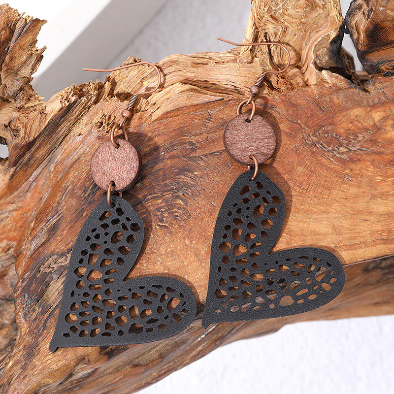 Wholesale  Valentine' s Day Love Wood Pieces Hollow Mesh Leather  Earrings