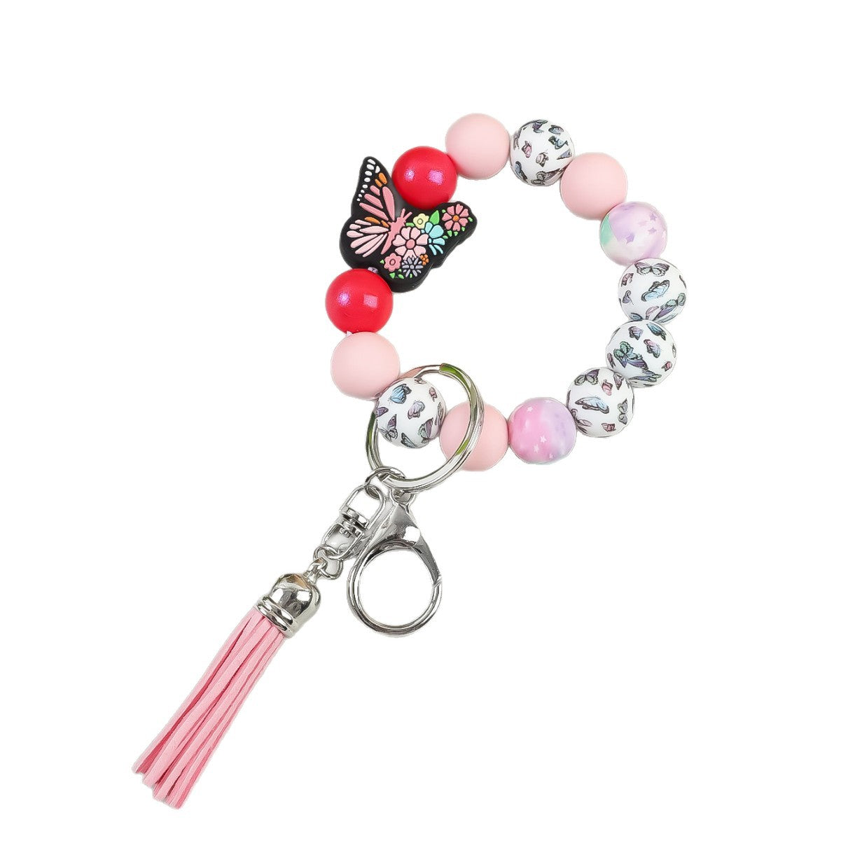 Wholesale Butterfly Pendant Beaded Wristlet Keychain Solid Color Silicone Wooden Keychain