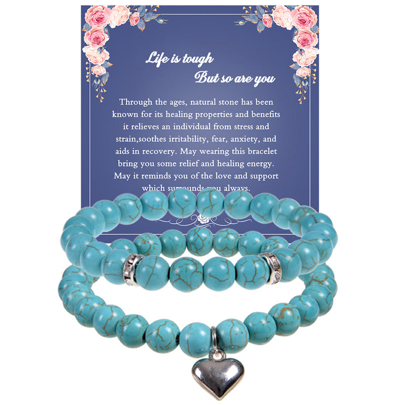 Wholesale 8mm Natural Stone Beaded Heart Set Bracelet