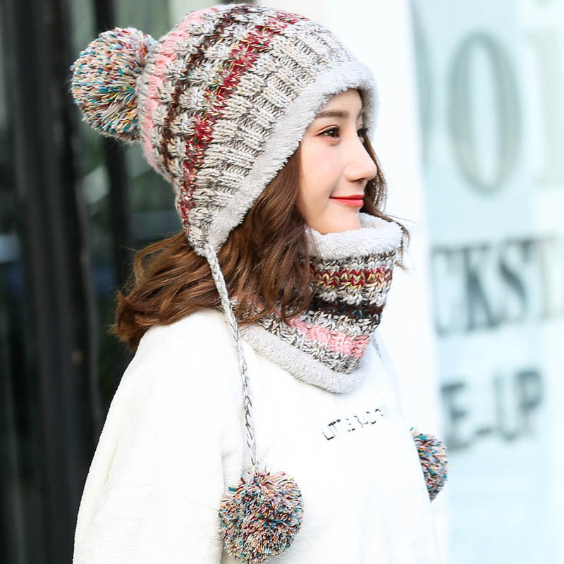 Wholesale Autumn and Winter Warm Ear Protection Plus Velvet Thickened Knitted Beanie and Acrylic Scarf Set
