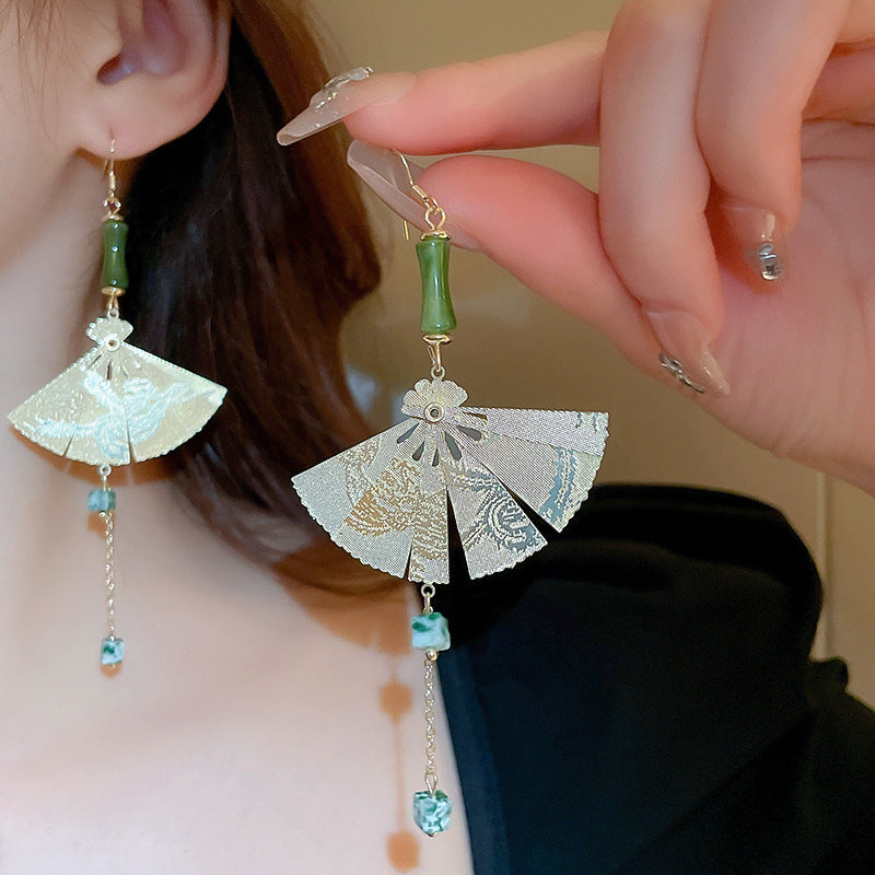 Wholesale New Chinese Style Lotus Fan Butterfly Pearl Tassel Temperament Fashion Niche High-end Earrings