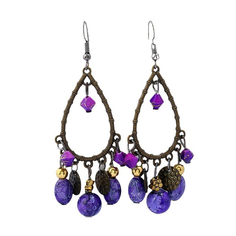 Wholesale Fashionable ethnic retro hollow water drop beaded tassel earrings