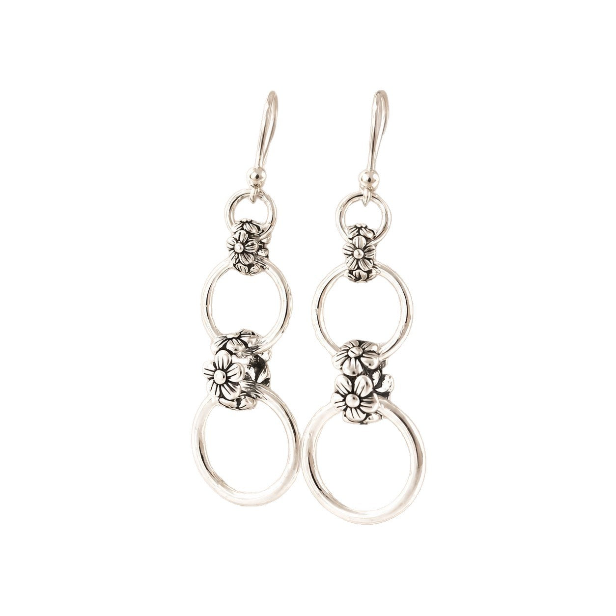 Wholesale Silver Tone Ethnic Flower Hoop Dangle Earrings With Double Chain Long Fashion Jewelry For Everyday Wear
