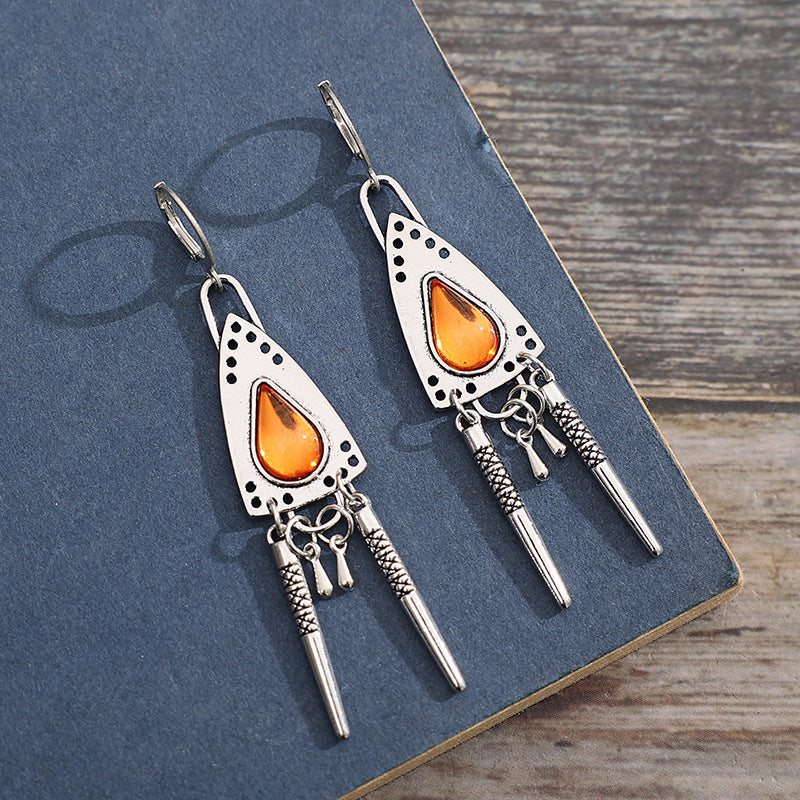 Wholesale Triangle Amber Gemstone Geometric Tassel Alloy Earrings