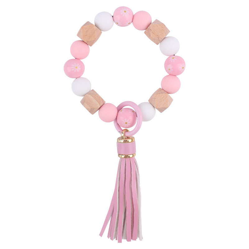Wholesale Wooden Small Daisy Flower Leather PU Short Tassel Handmade Beaded Bracelet Keychains