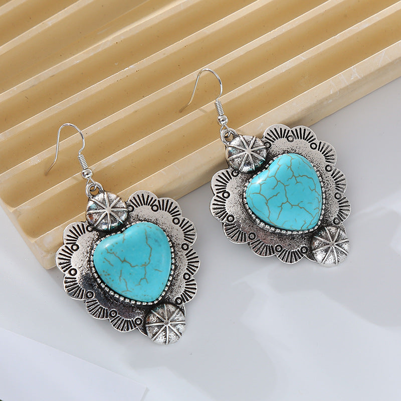 Wholesale Vintage alloy plated antique silver inlaid turquoise heart earrings
