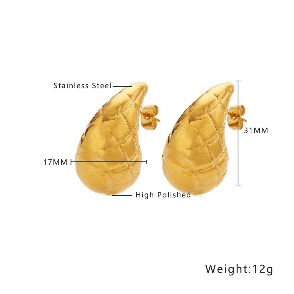 Wholesale Stainless Steel Electroplated Stripes Gold Glossy Water Drop Earrings