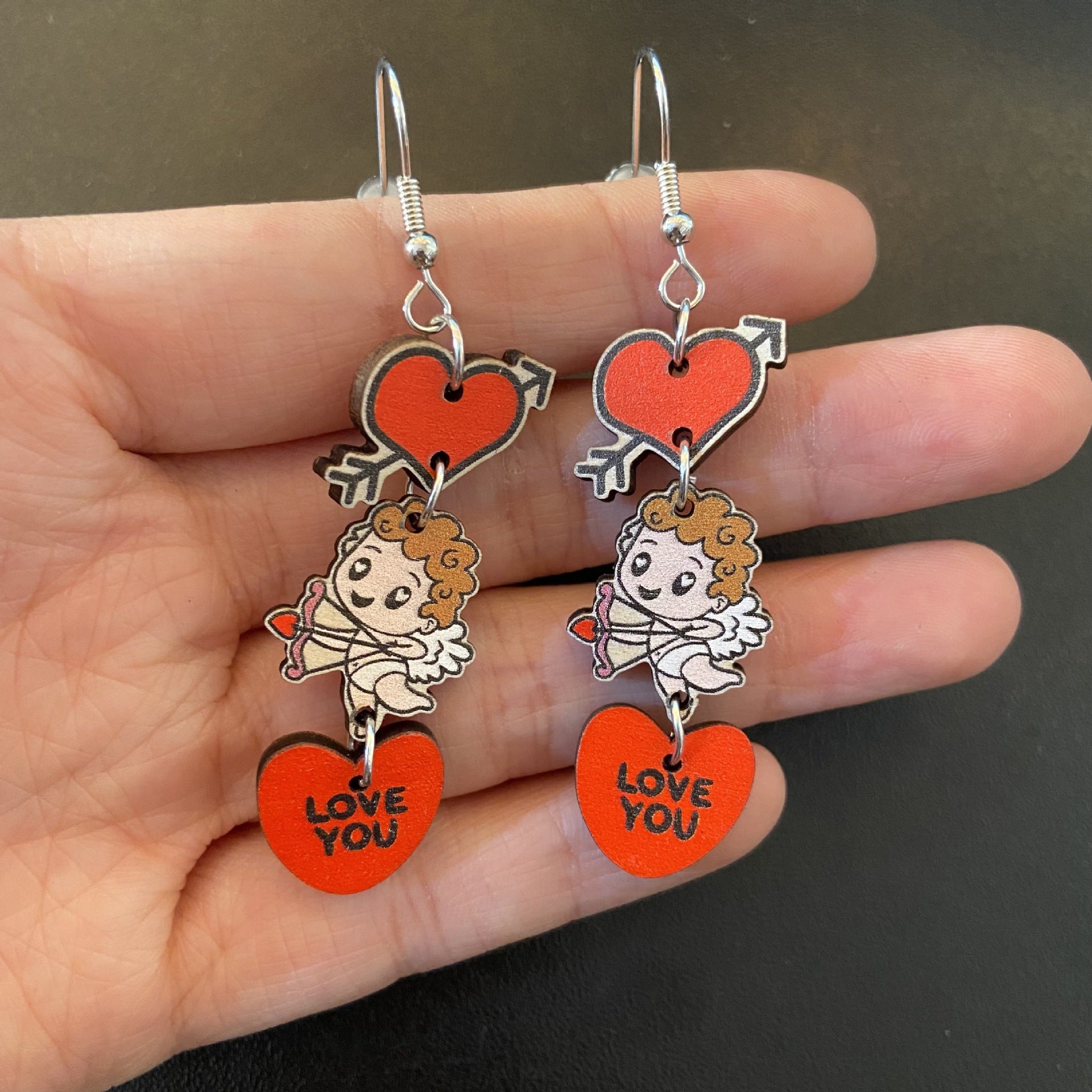 Wholesale Valentine's Day Pink Heart Coffee Cup Cupid Tape Earrings