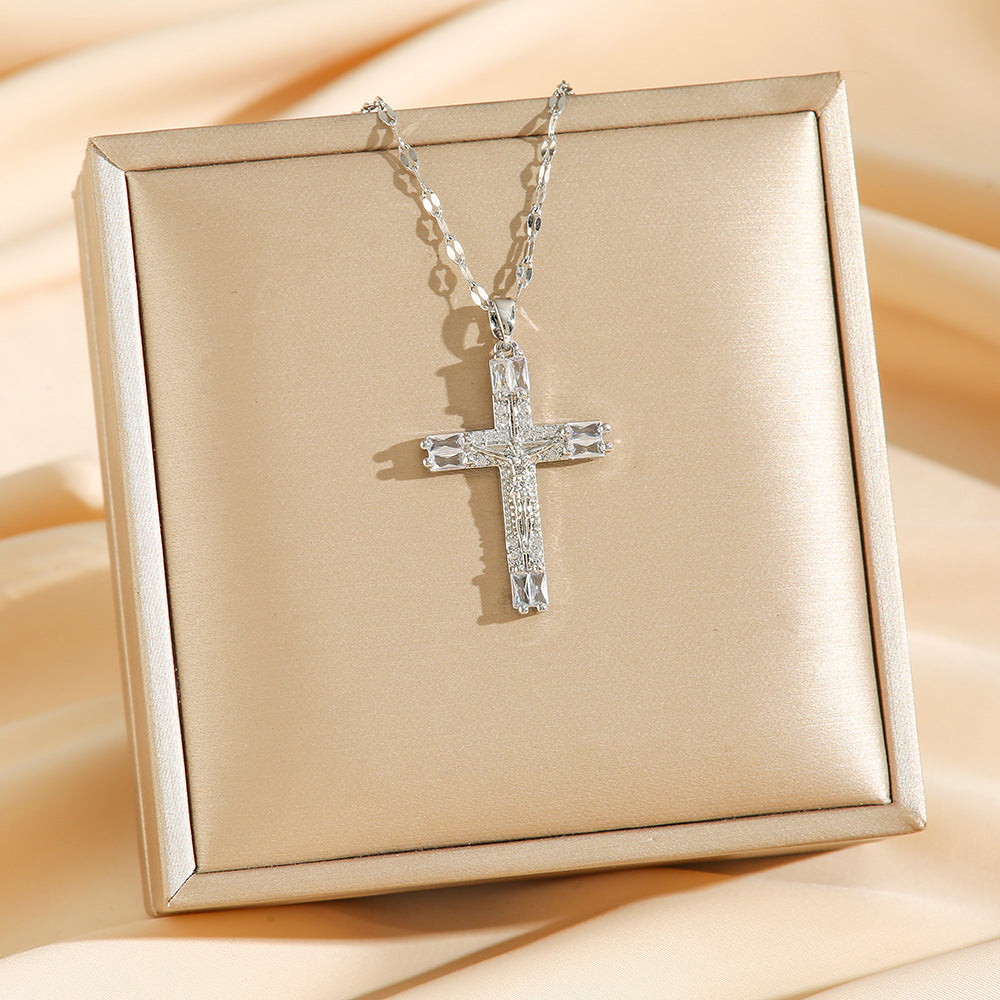 Wholesale Virgin Mary Cross Micro-Inlaid Zirconia Gold-Plated Copper Clavicle Necklace