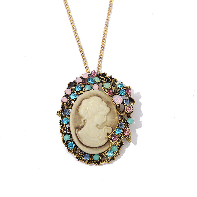 Wholesale Vintage Statue Hollow Pendant Alloy Diamond Necklace