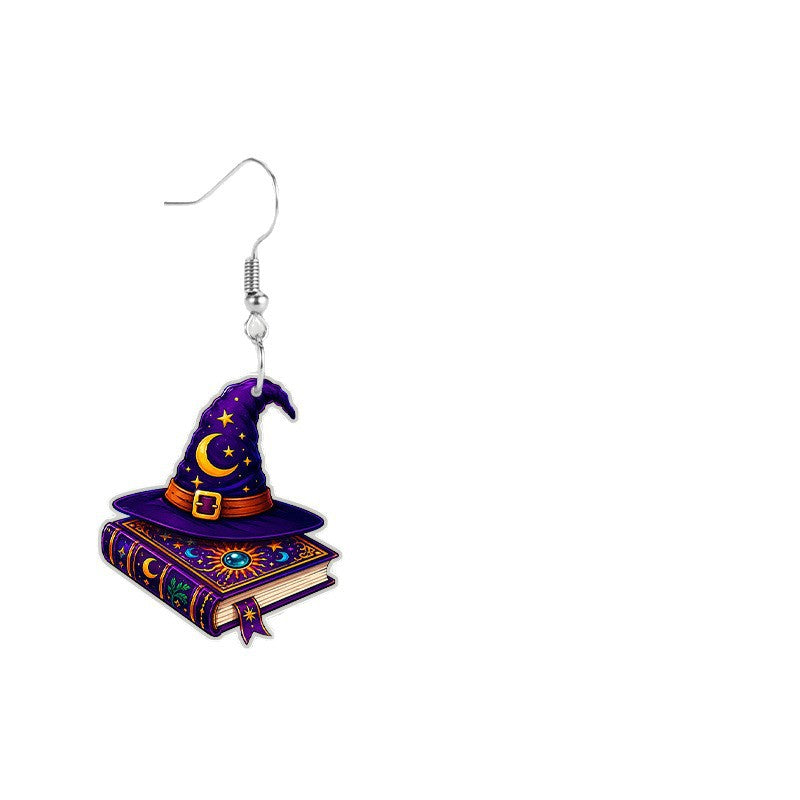 Wholesale Acrylic  Witch Hat Spell Book Earrings Purple Moon Star Print Jewelry Accessory For Party Wear Gift