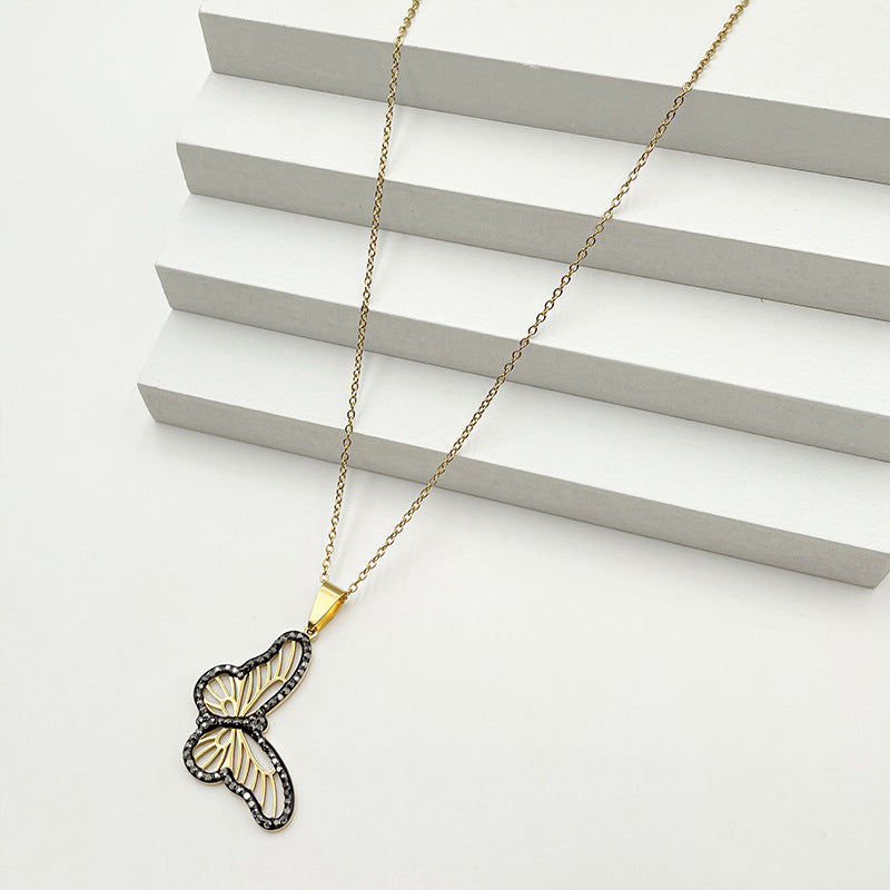 Wholesale Titanium Steel Colored Rhinestone Two-tone Butterfly Pendant Necklaces