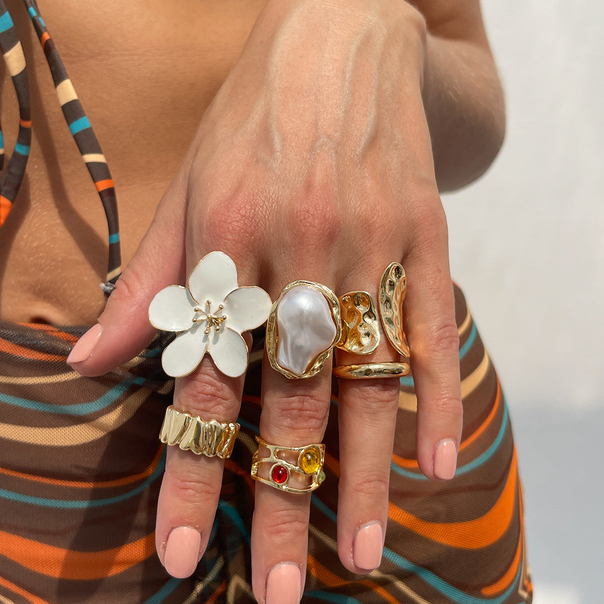 Wholesale  Design Liquid Lava Flower Open Ring Baroque  Pearl Inlaid Gemstone Ring