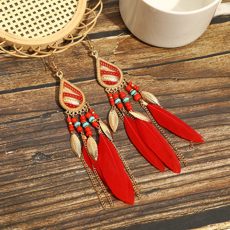 Wholesale Feather Bohemian Long Tassel Earrings