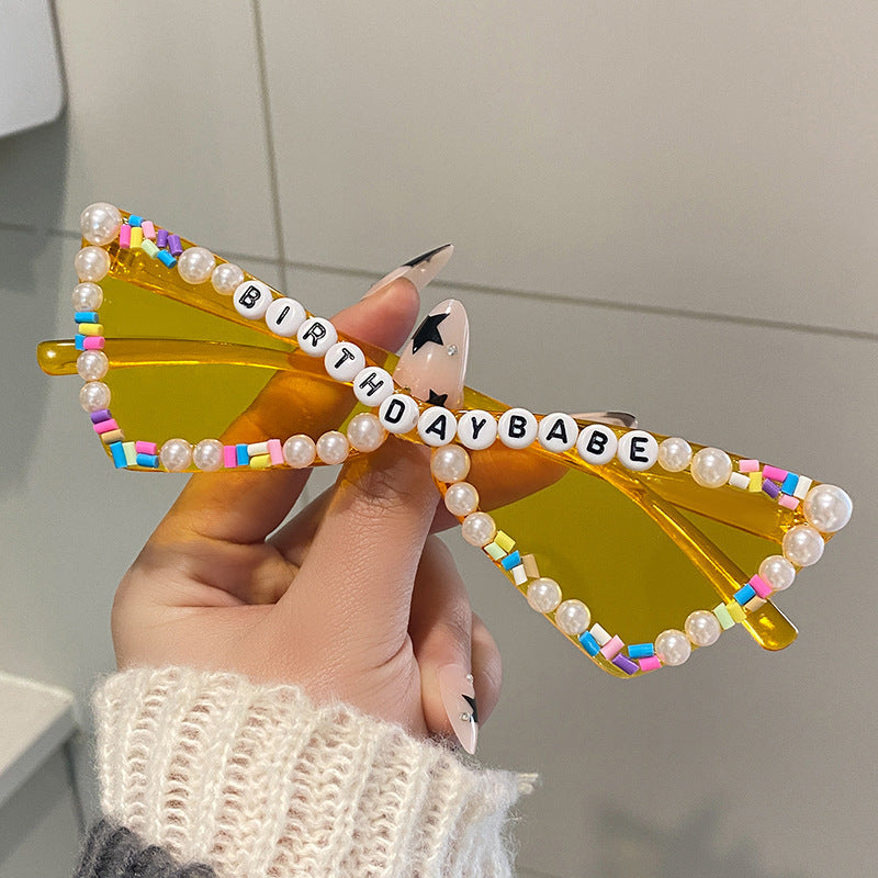 Wholesale Full Diamond Bow Colored Small Frame Birthday Letter Sunglasses