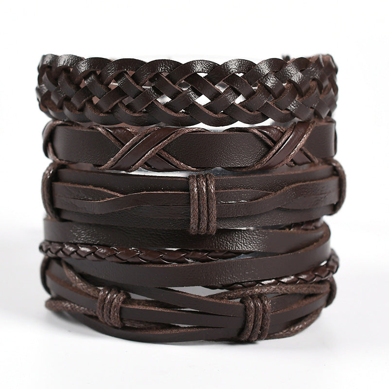 Wholesale Men's Braided Leather Bracelet Multi-layer Set Skull Bracelet
