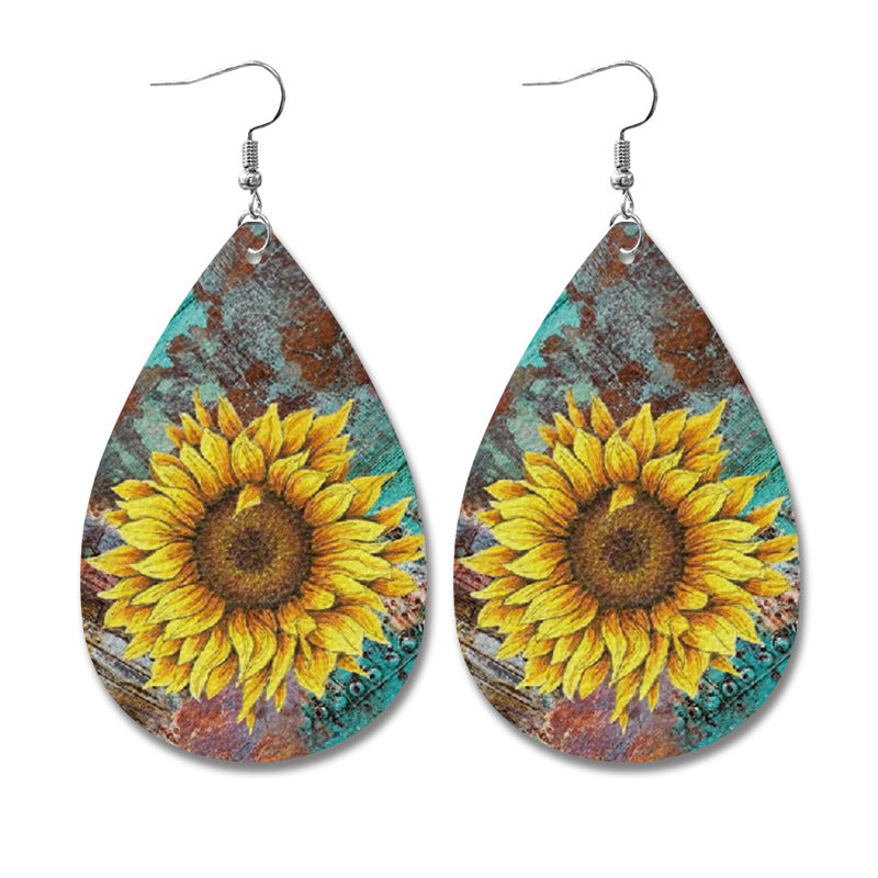 Wholesale Western Style Cow Pattern Sunflower Bull Head Leather Earrings