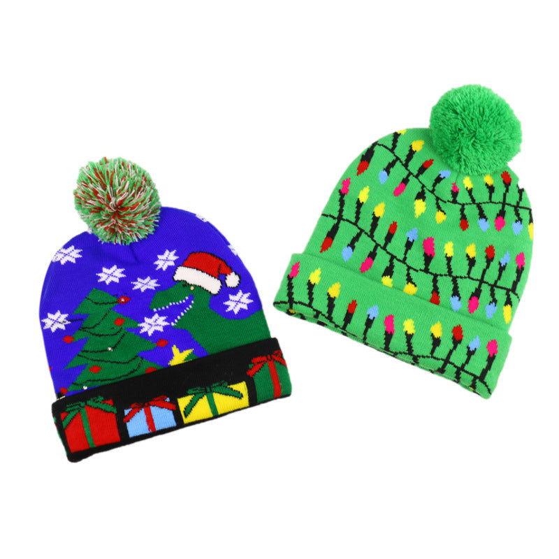 Wholesale Christmas Snowman Elk Christmas Tree Hair Ball Knitted Hat LED Colorful Dazzling Light Woolen Hat