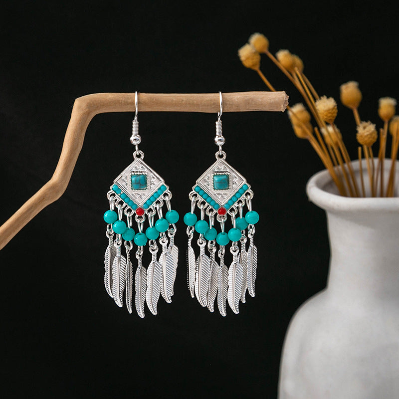 Wholesale Ethnic Style Long Style Feather Tassel Alloy Earrings