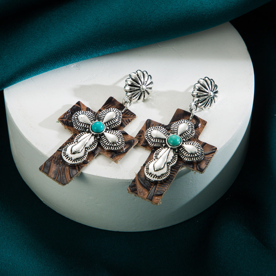 Wholesale Turquoise Leather Exaggerated Cross Earrings