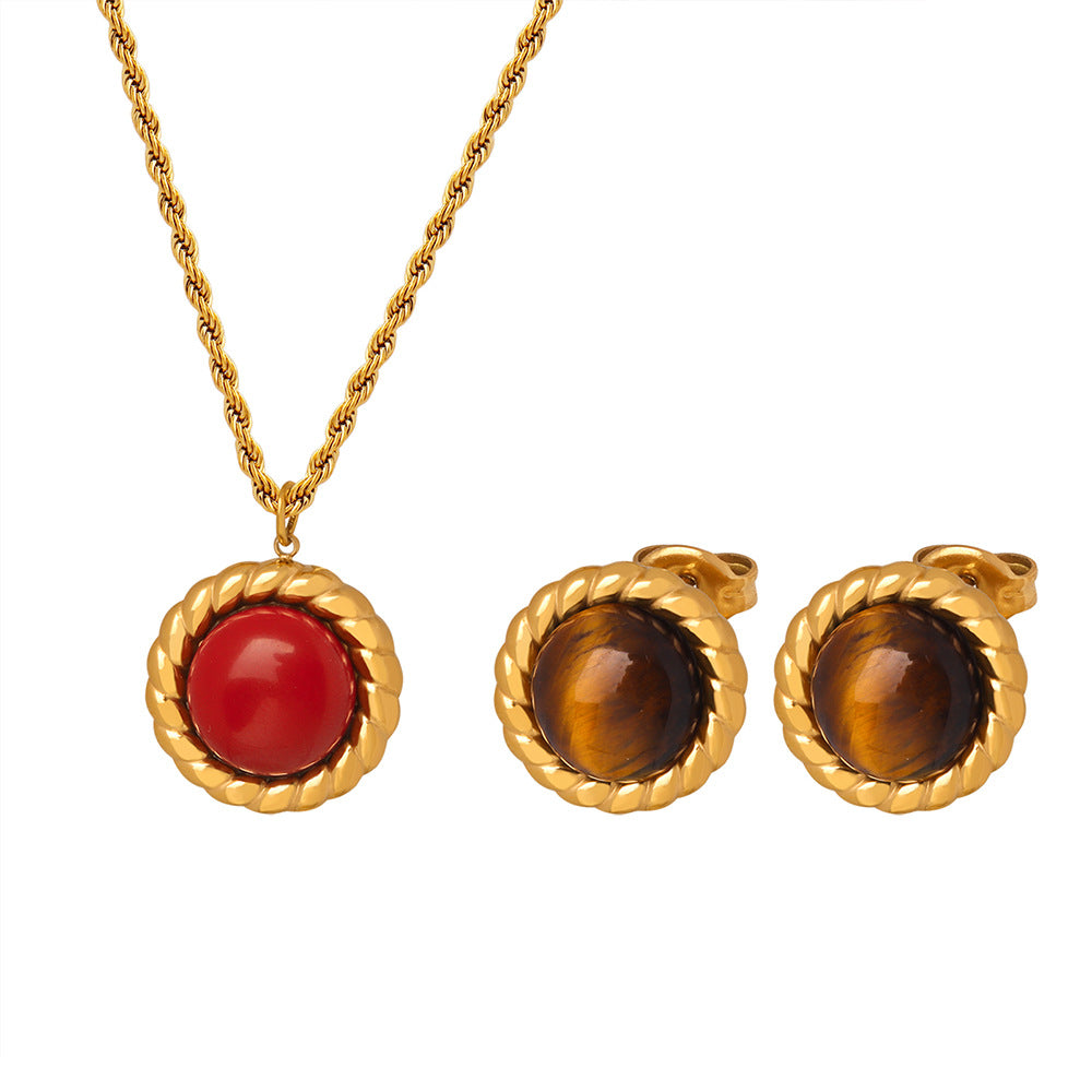 Wholesale Vintage Tiger Eye Stone Red Turquoise Necklace Earrings Jewelry Set