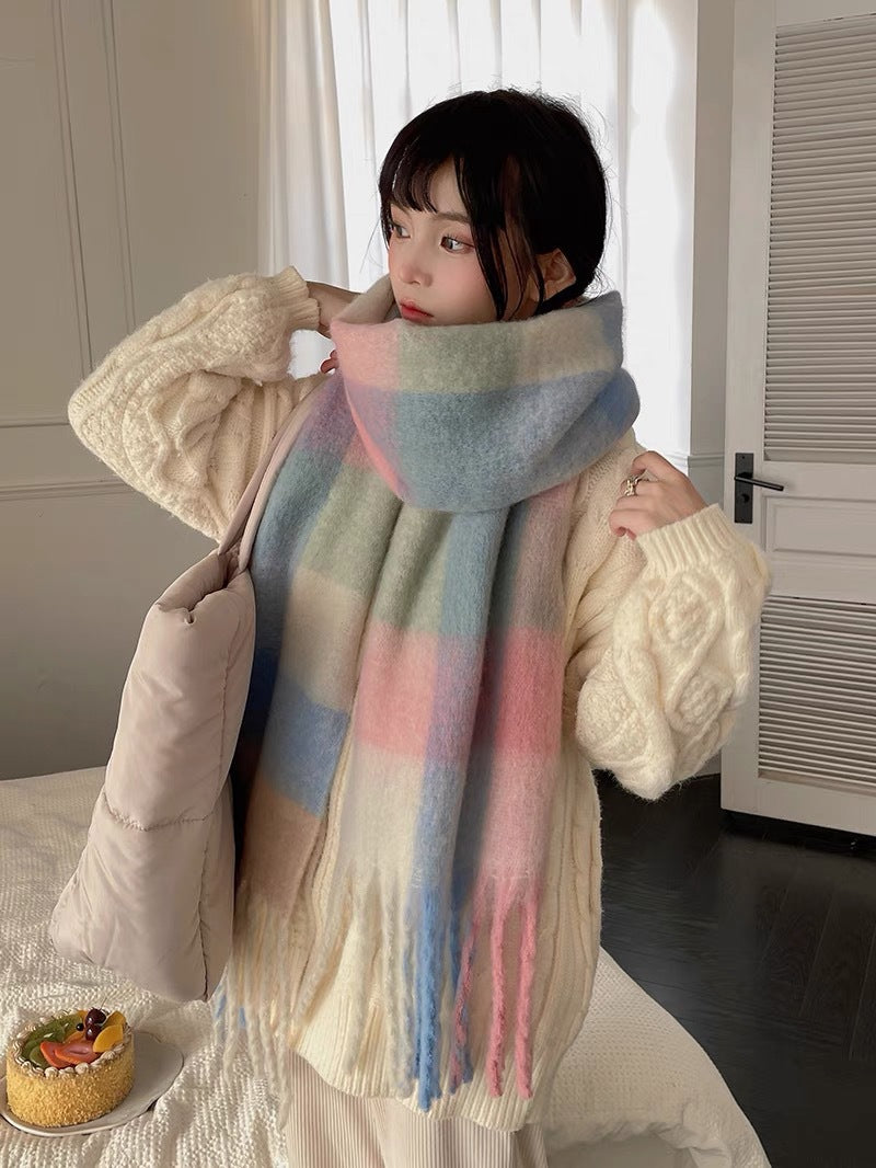 Wholesale New Winter Plaid Color Contrast Stripe Long Thickened Warm Hoop Yarn Plaid Scarf
