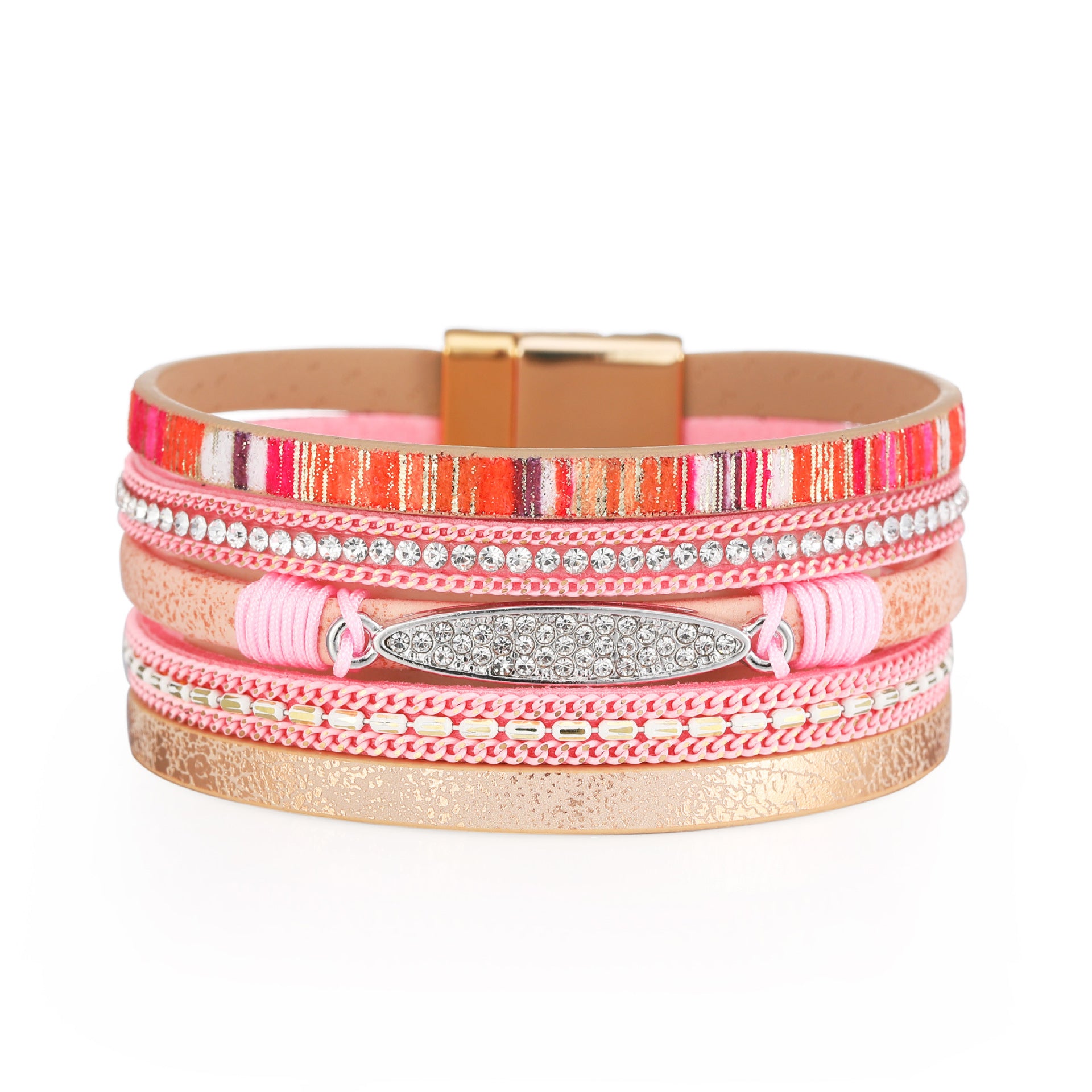 Wholesale Bohemian Ethnic Style Diamond Colored Magnetic Buckle Leather Bracelet