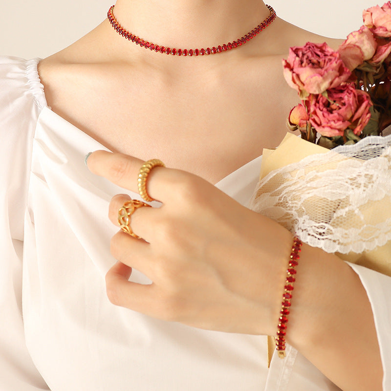 Wholesale elegant temperament solid color diamond zircon inlaid necklace bracelet jewelry set