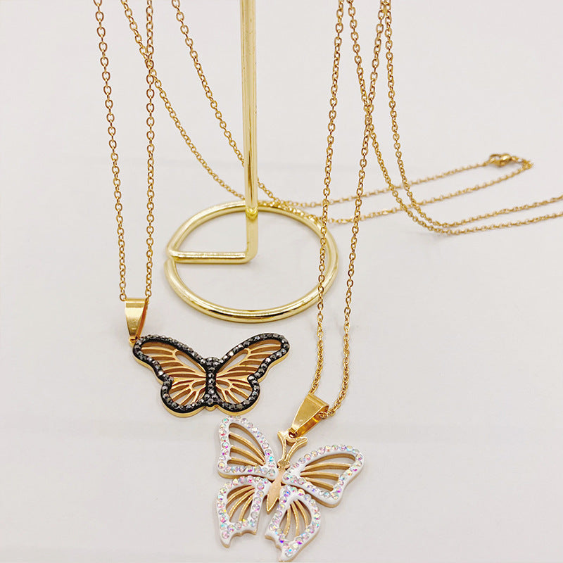 Wholesale Titanium Steel Colored Rhinestone Two-tone Butterfly Pendant Necklaces
