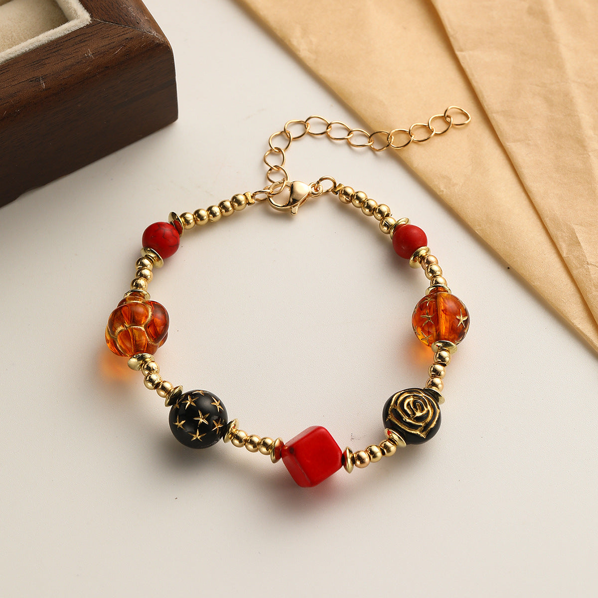 Wholesale Antique Golden Literary Retro Colorful Beaded Glass Bracelet