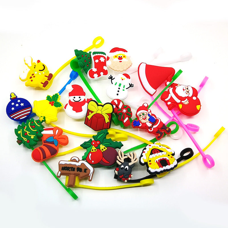 Wholesale Cartoon Christmas Santa Claus Christmas Trees Snowman Silicone Dustproof Straw Plugs