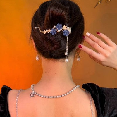 Wholesale tassel one-word hairpin back head plum blossom clip metal frog buckle twist clip headdress