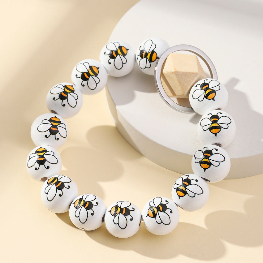 Wholesale Animal Style Cute Bee Wooden Beads Bracelet Keychains