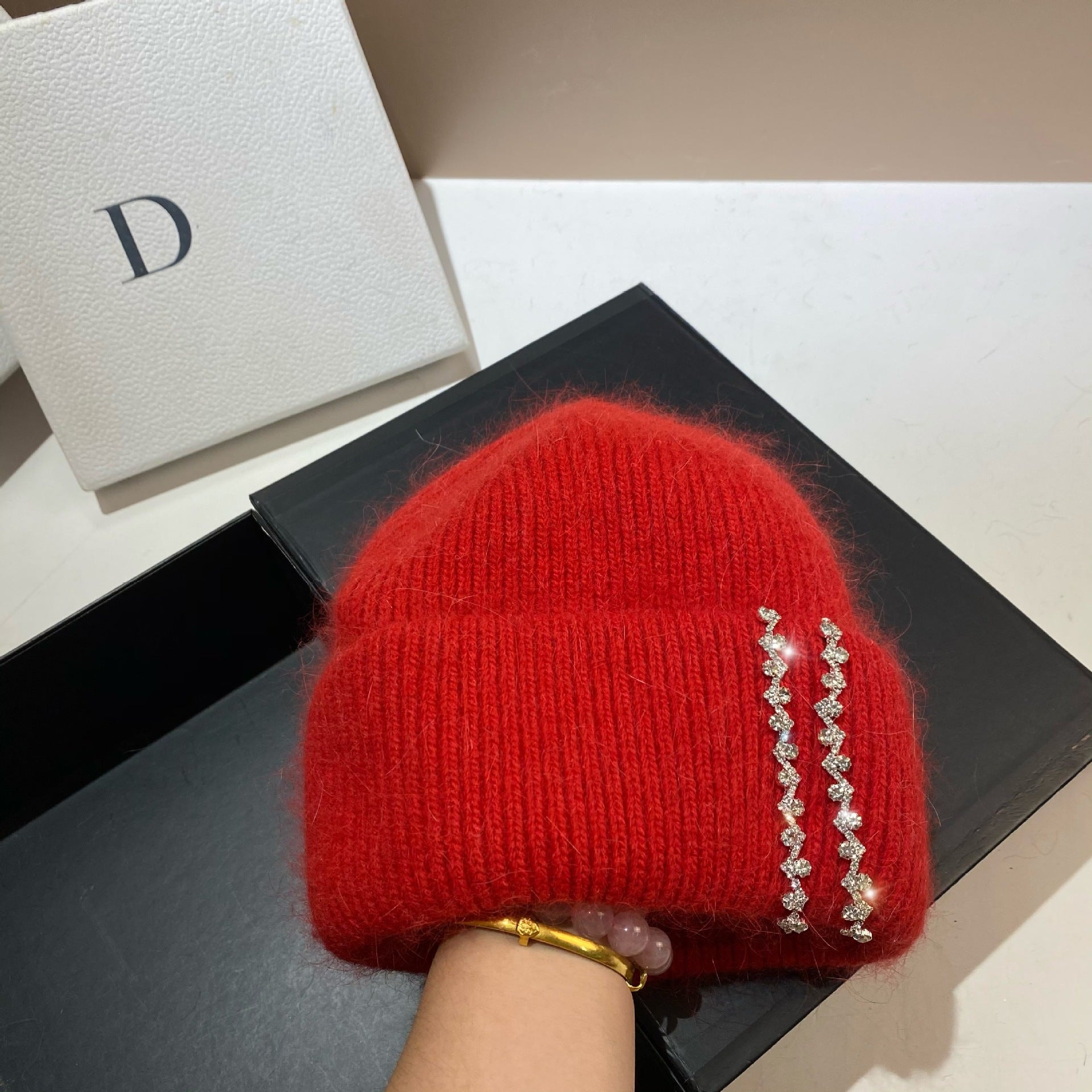 Wholesale Long Rabbit Fur Bi-fold Knitted Rhinestone Beanie